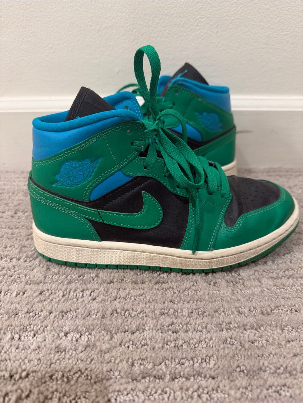 Nike Kids Green/Black/Blue High-Top Sneakers- Air Jordan 1 Mid “Green Abyss